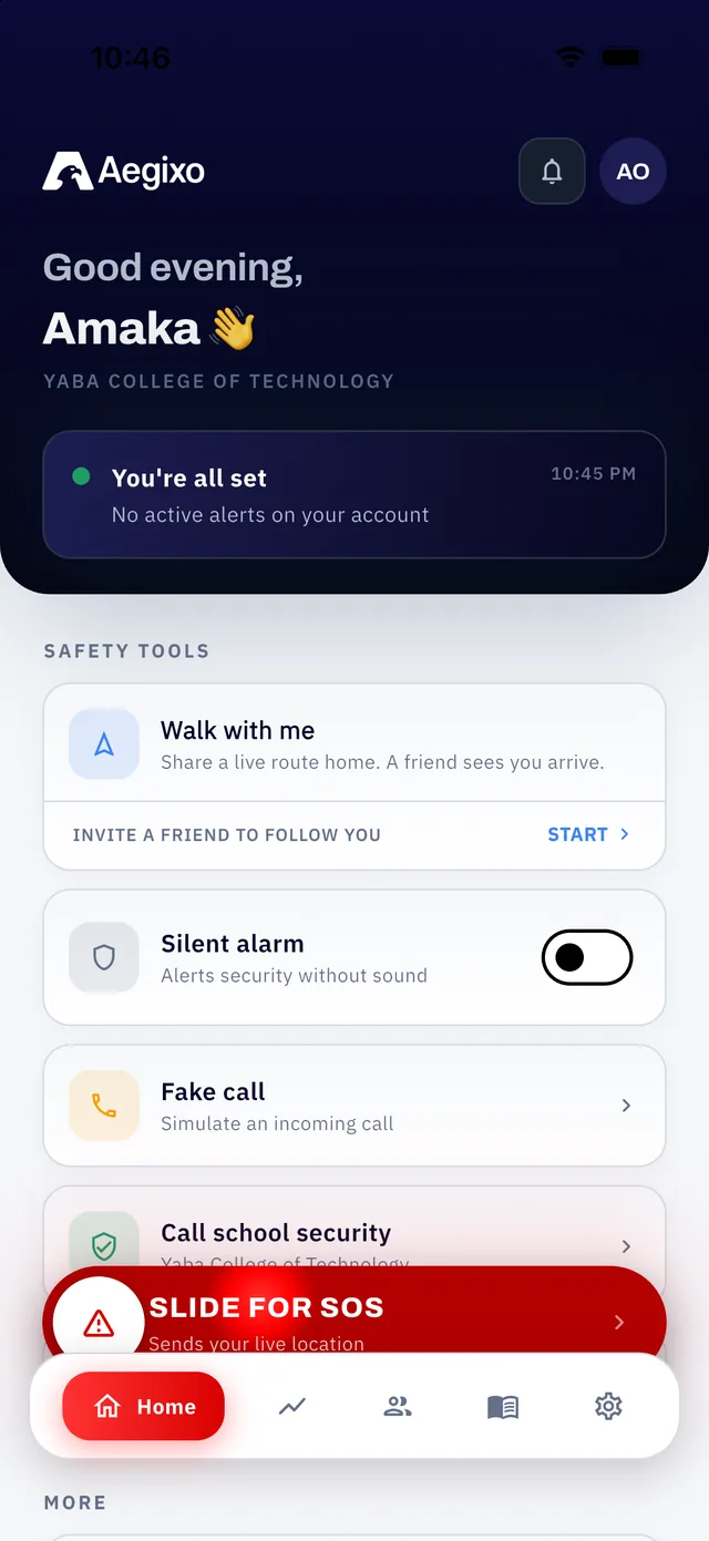 Aegixo home screen with the Slide for SOS bar, Walk with me, Silent alarm and Fake call