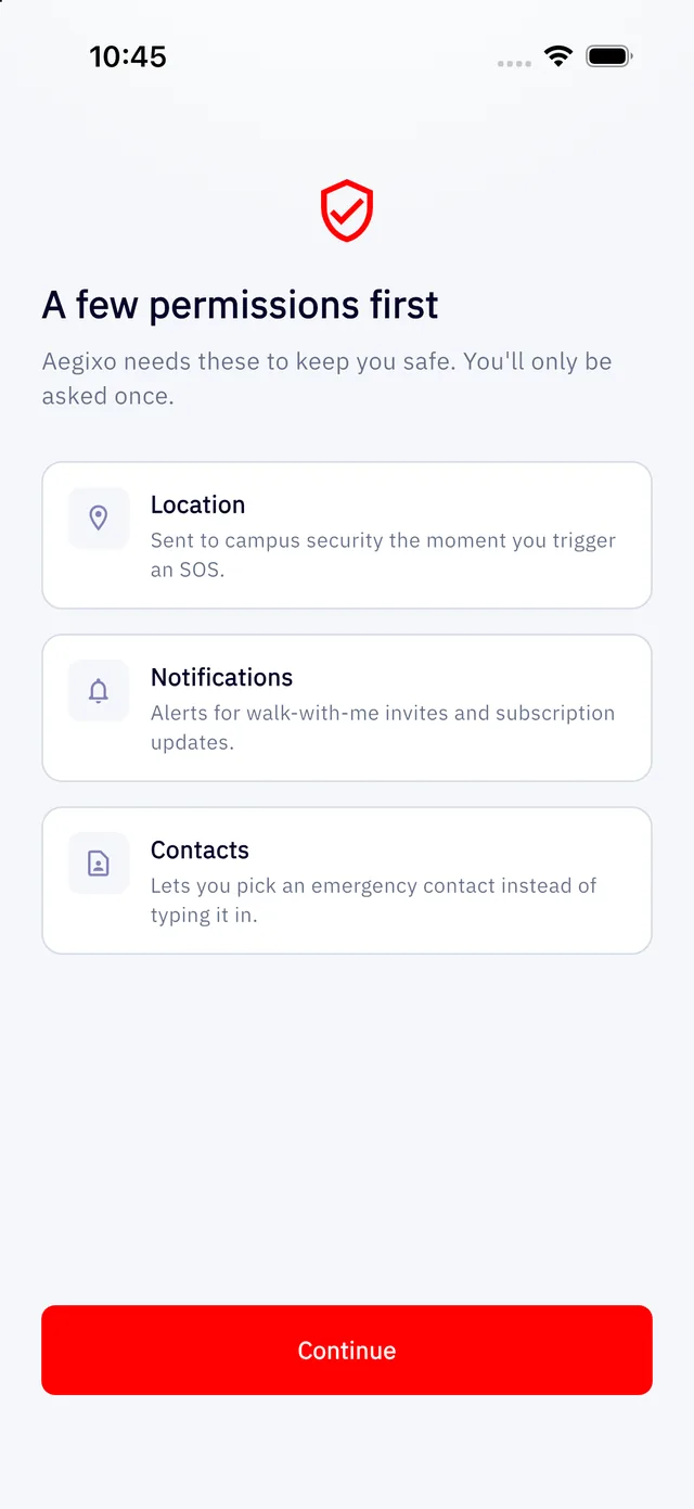 The Aegixo permissions screen listing Location, Notifications and Contacts