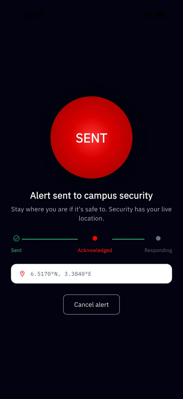 Aegixo alert-sent screen: Alert sent to campus security, with live coordinates