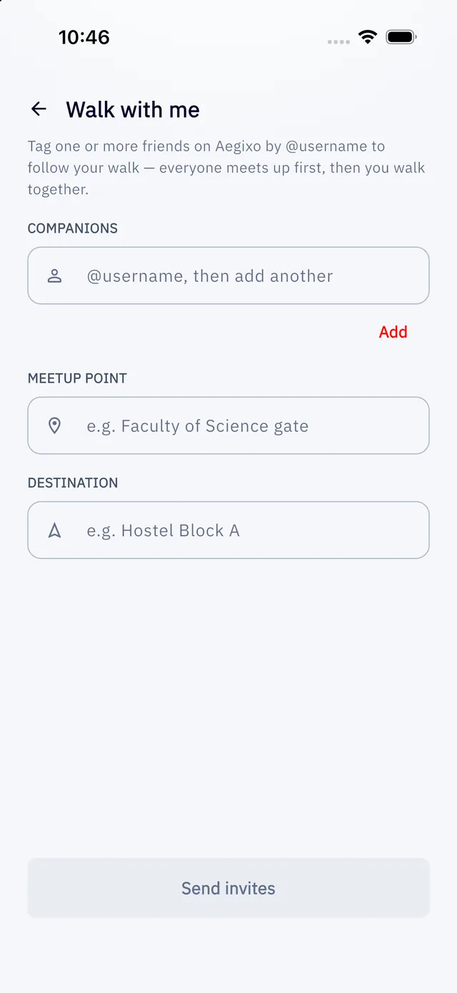 The Walk with me setup screen with fields for companions, meetup point and destination