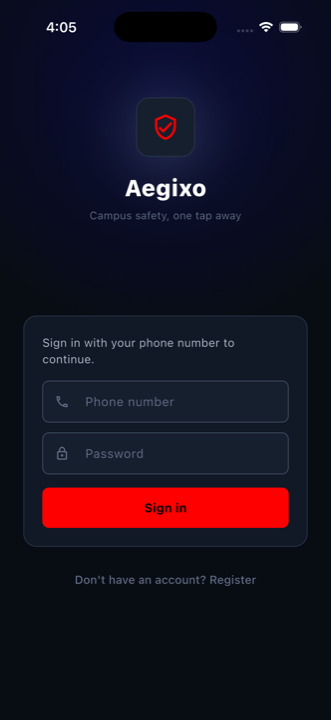 Aegixo student app login screen